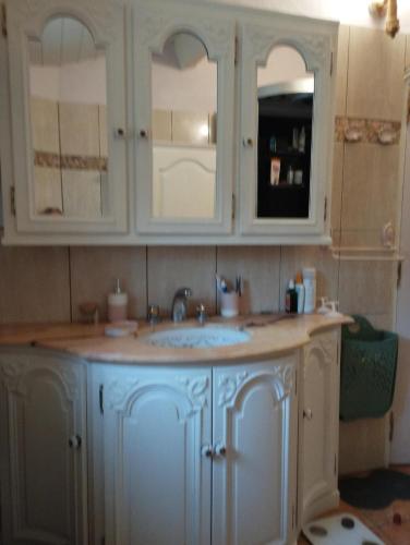 - une cuisine avec un évier et des placards blancs dans l'établissement Aux logis du Lac de Castillon, à Saint-Julien-du-Verdon