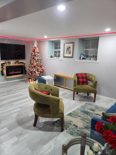 a living room with a christmas tree and two chairs at Lovely 2 bedroom Apartment with 2 Entrance and Parking in University Heights
