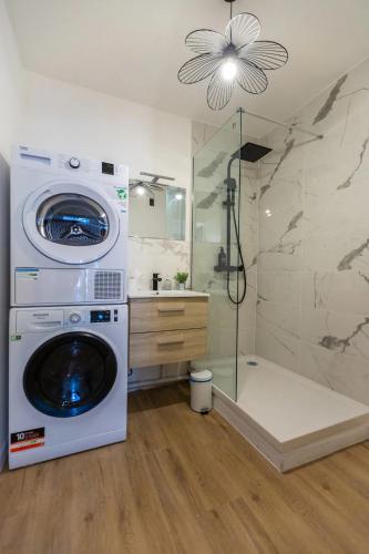 une machine à laver dans une salle de bain avec douche dans l'établissement T5 Idéal Groupes & Familles, St Charles-Joliette, à Marseille