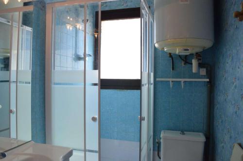 La salle de bains est pourvue de toilettes et d'une porte de douche en verre. dans l'établissement SP930-004 Appartement 3 pièces 4 couchages SAINT PIERRE LA MER, à Saint Pierre La Mer