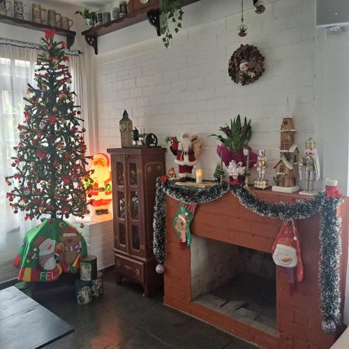 a living room with a christmas tree and a fireplace at Pousada Trilha da Serra in Morretes