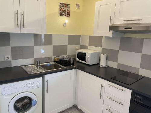 une cuisine avec un évier et un micro-ondes dans l'établissement SP570-391 Appartement 2 pièces ST PIERRE LA MER, à Saint Pierre La Mer