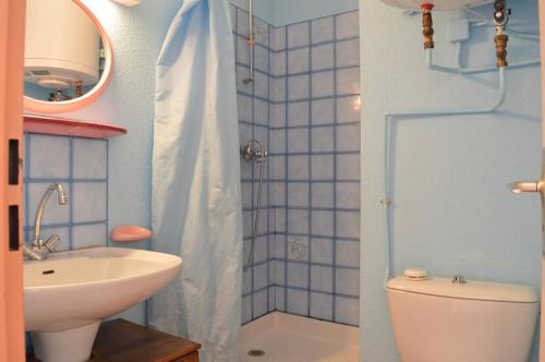 une salle de bain avec un lavabo, des toilettes et une douche dans l'établissement SP570-0410 Appartement deux pièces SAINT PIERRE LA MER, à Saint Pierre La Mer