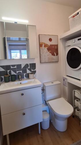 La salle de bains est pourvue d'un lavabo, de toilettes et d'un four micro-ondes. dans l'établissement Le Studio des Arceaux, à Montpellier