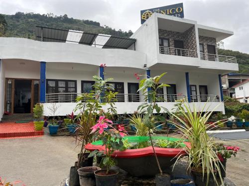 a house with potted plants in front of it at BanyanThree in Kodaikānāl
