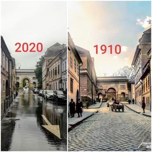 two photographs of a city street with the year and a street with cars at SMB Studio Poarta Schei in Braşov