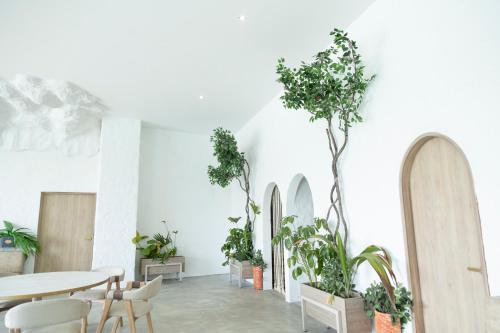 a dining room with tables and potted plants at MYLOS Hotel Boutique in Guatapé