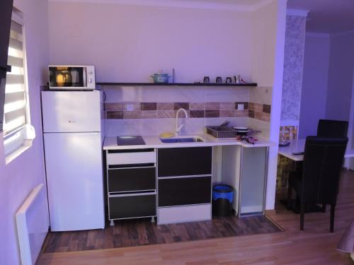 una pequeña cocina con nevera blanca y fregadero en Apartmani Beograd 43, en Belgrado