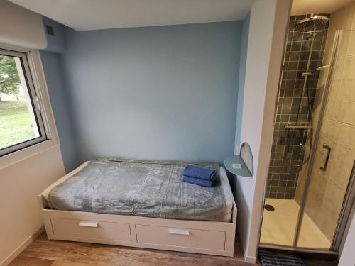 une petite chambre avec un lit et une douche dans l'établissement Studette Jolé - Biarritz, à Biarritz