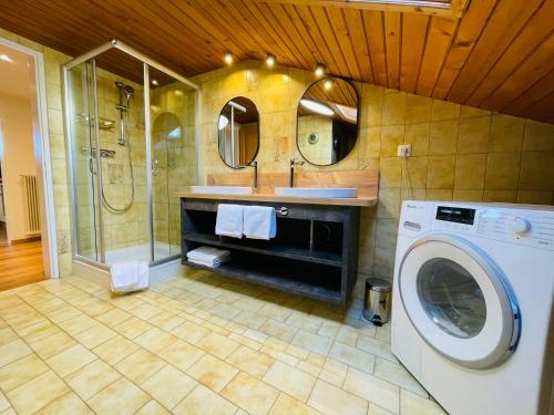 a bathroom with a washing machine and a sink at das Landblick in Sillian