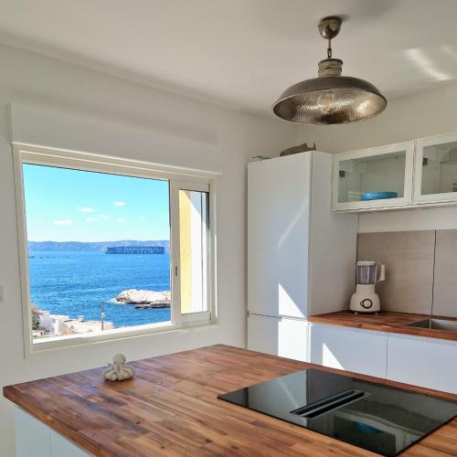 une cuisine avec vue sur l'océan dans l'établissement Magnifique Vue Mer Malmousque, à Marseille