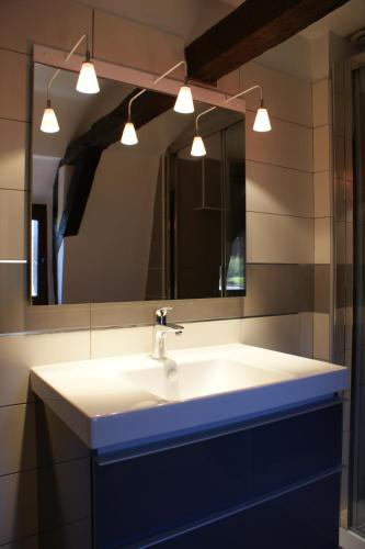 une salle de bain avec un lavabo et un miroir dans l'établissement La Maison de Jeanne, à Altillac