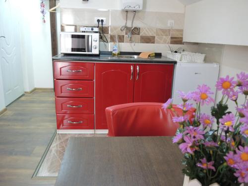 a kitchen with red cabinets and a microwave at Apartments 43 in Krnjača