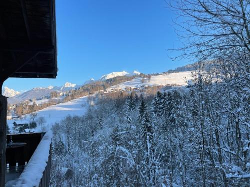 a view of a river in the snow from a house at Grand studio Combloux - Vue Mont Blanc in Combloux