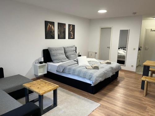 a bedroom with a bed and a living room at Studio an der Elbe mit Balkon, Küche und Netflix in Dresden