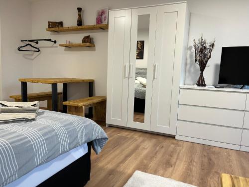 a bedroom with a bed and a desk with a television at Studio an der Elbe mit Balkon, Küche und Netflix in Dresden