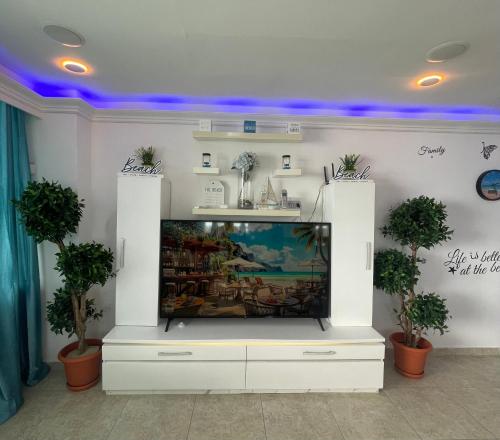 a flat screen tv in a living room at Beachfront Apartment with Jacuzzi in Juan Pedro