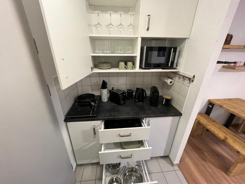 a small kitchen with a stove and a microwave at Studio an der Elbe mit Balkon, Küche und Netflix in Dresden