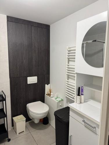 une salle de bain blanche avec des toilettes et un lavabo dans l'établissement Studio à Louer Aiguerelles, à Montpellier