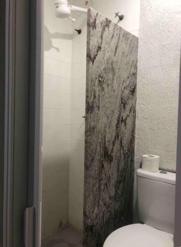 a bathroom with a toilet with a marble shower door at Suíte 102 - Pousada no Centro do Rio in Rio de Janeiro