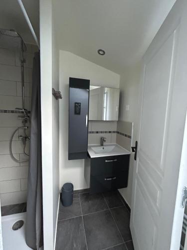 une salle de bain avec un lavabo et un miroir dans l'établissement Séjour plage en tribu, Maison Étoile Pascale Confort convivialité, proximité mer À 5 min de la plage de Trojan les Bains, Parfait pour week-end ou vacances en groupe, à Saint-Trojan-les-Bains