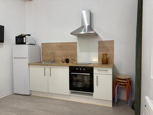 une cuisine avec des armoires blanches, un évier et une cuisinière dans l'établissement Appartement dans le cœur de Pau, à Pau