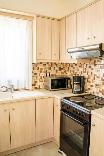 a kitchen with a stove and a microwave at Olive Studios Karpathos Studio #1 in Karpathos Town
