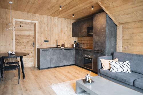 un salon avec un canapé et une table dans l'établissement Appartement GRABILLES, à Praz-sur-Arly