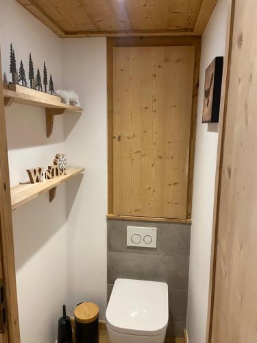 La salle de bains est pourvue de toilettes et d'une armoire en bois. dans l'établissement Everest Appt 6 pers ski aux pieds, à La Clusaz