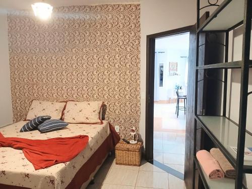 a bedroom with a bed with a red blanket on it at CASA COM SPA DE HIDRO, AQUECEDOR E CROMOTERAPIA A 1,0 kM DO CENTRO in Chapada dos Guimarães