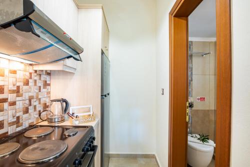 a small kitchen with a stove and a toilet at Olive Studios Karpathos Studio #1 in Karpathos Town