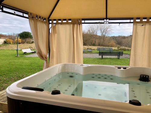 a bath tub with a view of a park at Charmante maison familiale avec jardin et jacuzzi proche océan in Saint-Martin-de-Seignanx