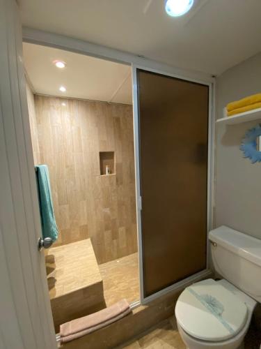 a bathroom with a shower with a toilet and a glass door at Hermoso Depto con vista al mar en zona hotelera. in Cancún
