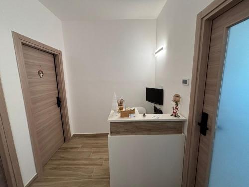 a bathroom with a sink and a computer on a counter at La dimora di Ipno in Vallata