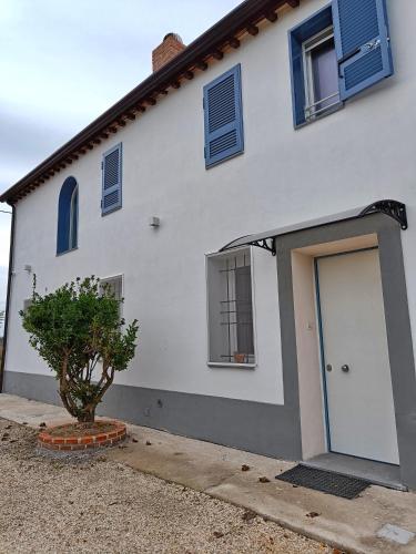 a white house with a door and a tree at Casa LaSer in Cotignola