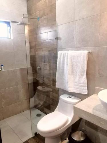 a bathroom with a toilet and a glass shower at Condominio Mar y Arena in Mazatlán