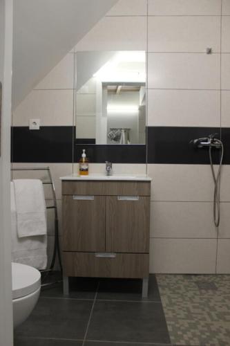 a bathroom with a sink and a toilet and a mirror at Casa Amélia in Vila Nova de Foz Coa