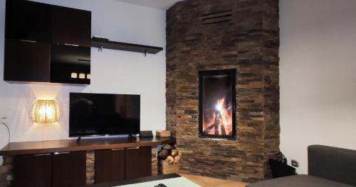 a living room with a fireplace with a television at Piso rural Sol Berguedà in Aviá
