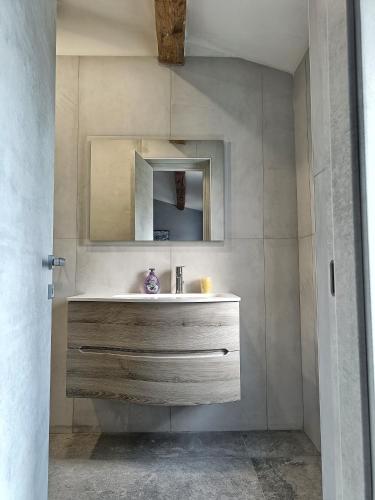 a bathroom with a sink and a mirror at Casa LaSer in Cotignola