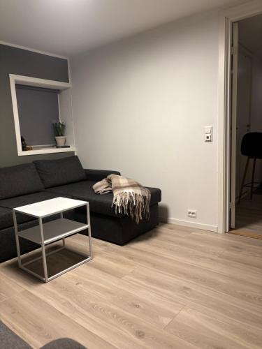 a living room with a black couch and a table at Tromso budget apartement in Tromsø