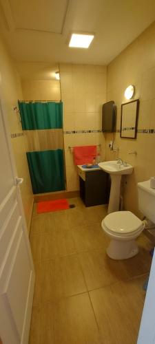 a bathroom with a toilet and a sink and a shower at Departamentos Ensueños in Río Gallegos