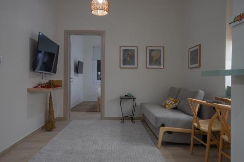a living room with a couch and a tv at Tennis Home-Pozar, Piperia! in Áno Rodoniá