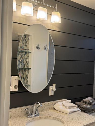 un baño con lavabo y espejo en Spacious cozy comfortable stay, en Jacksonville