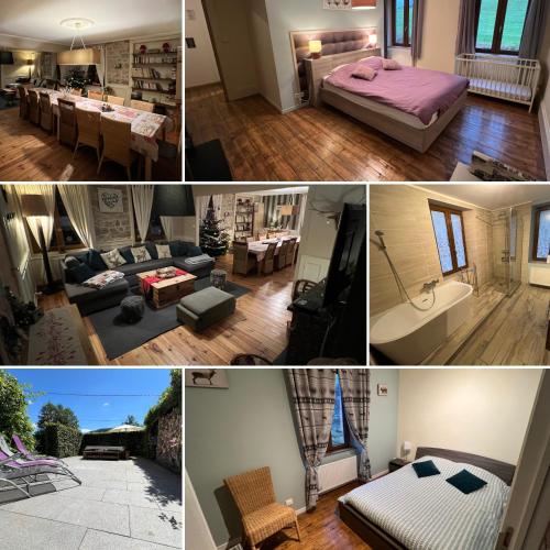 un collage de photos d'une chambre et d'un salon dans l'établissement Gîte de charme jusqu'à 14 personnes, Proche du lac de Gérardmer, à Gérardmer
