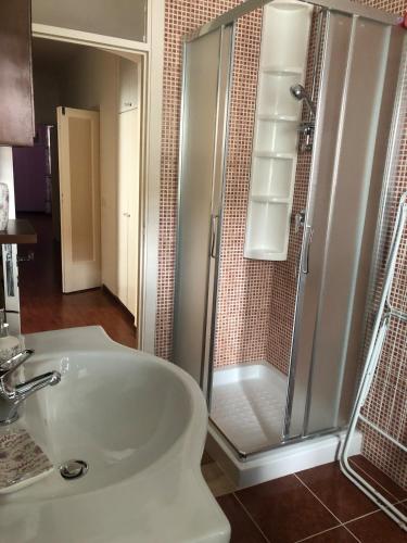 a bathroom with a shower and a white sink at Giora House in Capracotta