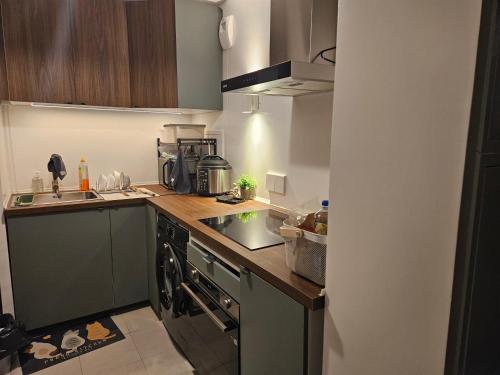 Il comprend une petite cuisine équipée d'une cuisinière et d'un évier. dans l'établissement Lit simple -canapé lit dans appt partagé, à Noisy-le-Grand