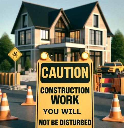 a caution construction work sign in front of a house at Ausblick Freital 2 in Freital
