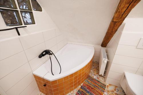 a bathroom with a bath tub and a toilet at Horní Strakův mlýn in Úštěk
