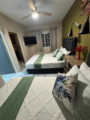 a bedroom with two beds and a ceiling fan at Sunlandvilla in Portmore