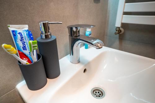 a bathroom sink with toothbrushes and a faucet at Delta Lux Apartman in Niš